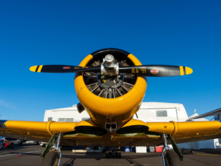 A low shot of a parked airplane