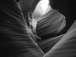 A dramatic view through a canyon.